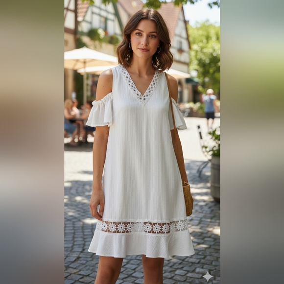 SHEIN Dresses & Skirts - SHEIN White Cold Shoulder Lace Midi Dress